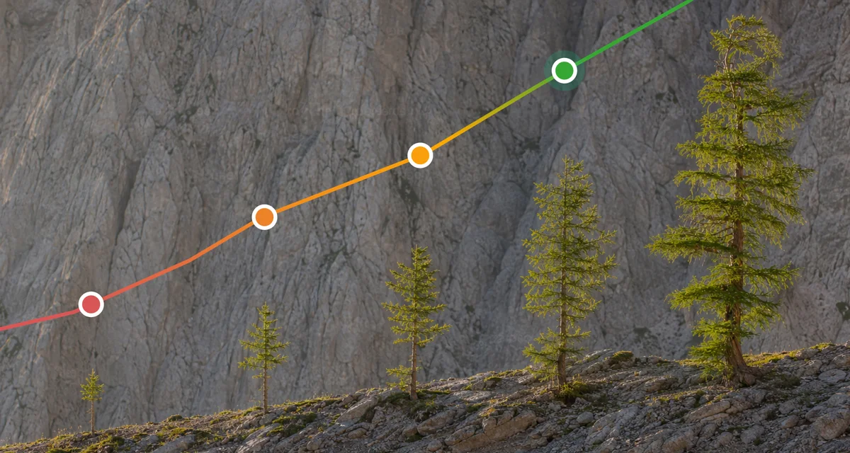 A rising trend line over young larch trees growing against a rock face